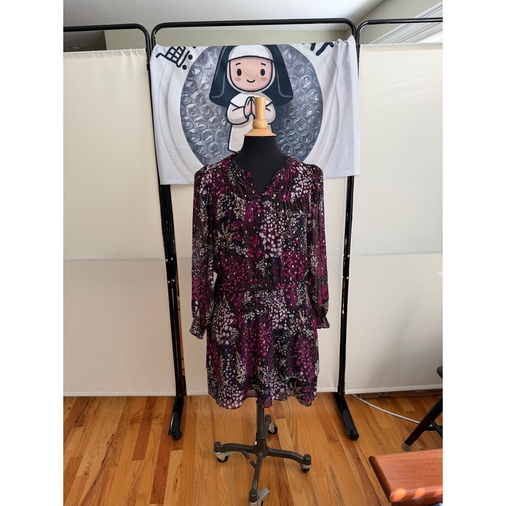 White House Black Market Floral Smocked Waist Tiered Mini Dress Purple Gold Med